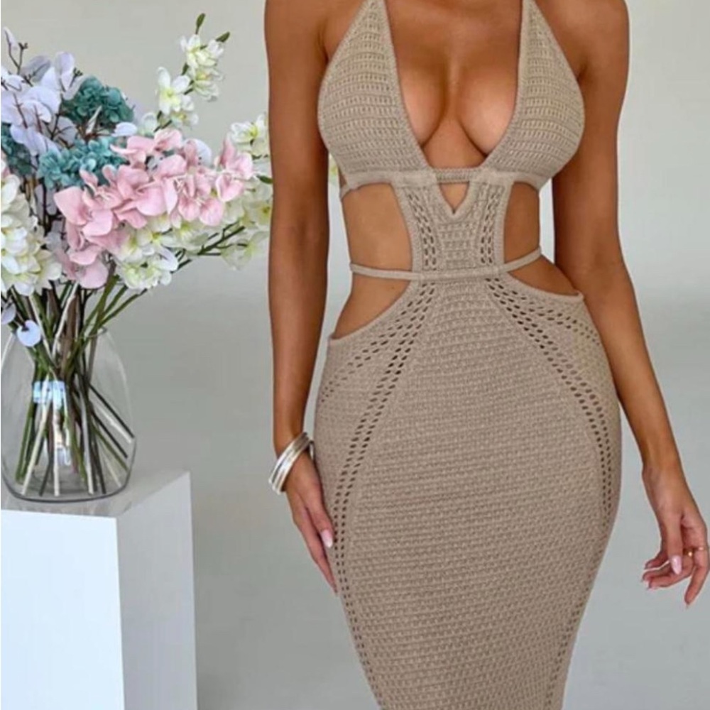 Elegant Tan Crochet Halter Dress